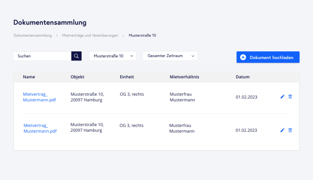 Software für Immobilienverwaltung Liste der hochgeladenen Dokumente